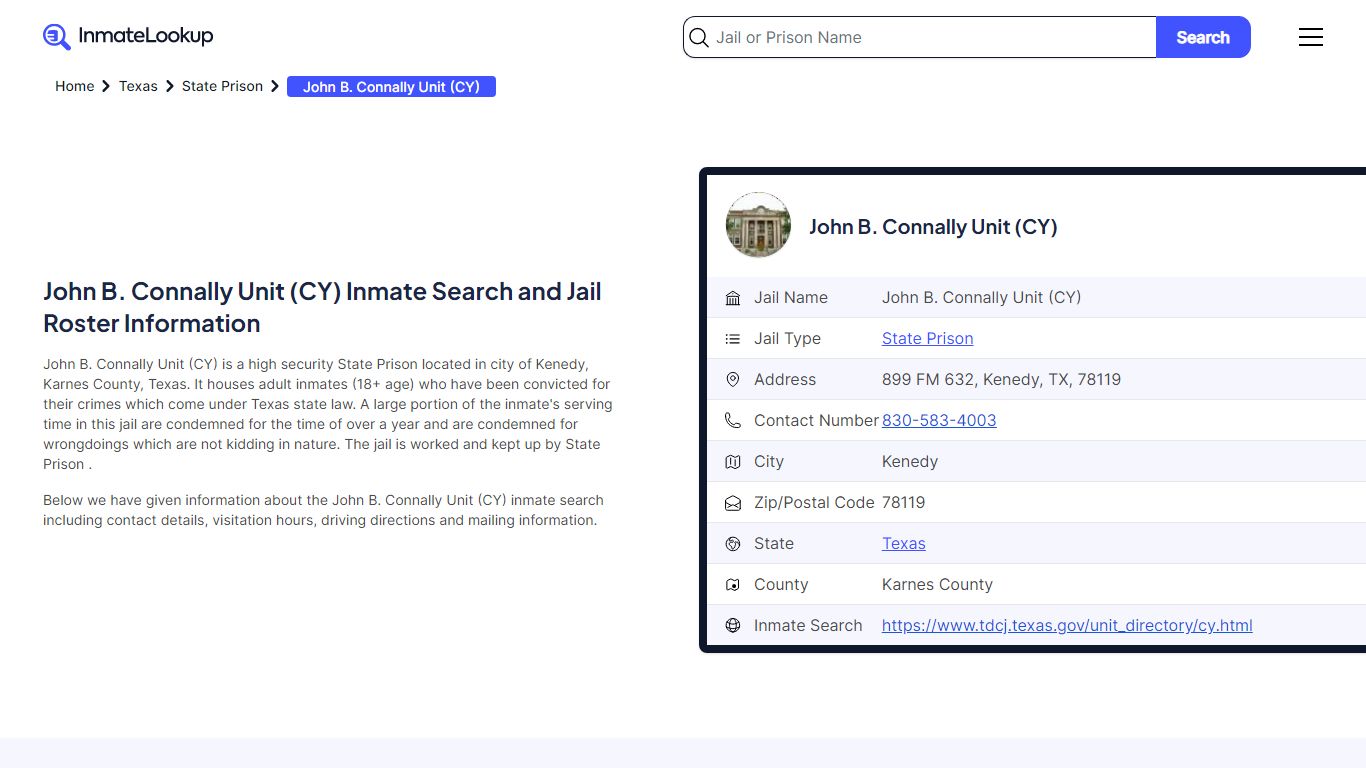 John B. Connally Unit (CY) Inmate Search, Jail Roster, Bookings ...